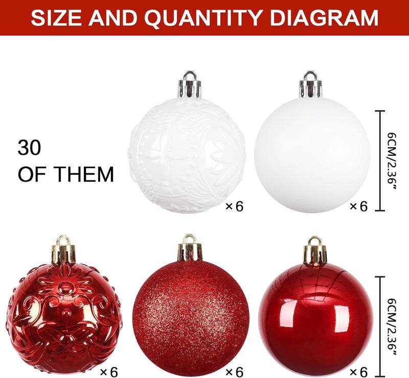 RoseCraft 30PCS Christmas Ball Ornaments, 2.36" Red/White Shatterproof Ornaments Set for Christmas Tree Hanging Decorations, for Home Holiday Xmas Party Decor. - Image 2